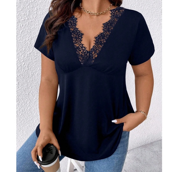 Plus Navy Blue Eyelash lace V neck Short Sleeve Top - Picture 2 of 3